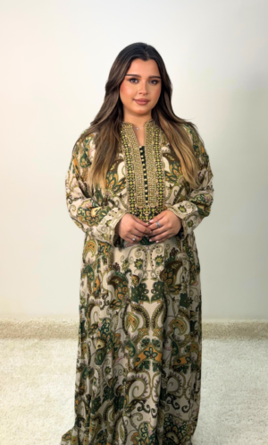 Beige and green cotton jalabiya IT-26085
